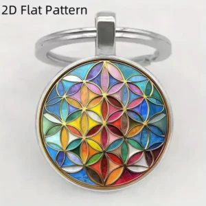 Custom Flower of Life sacred geometry keyring with colorful bohemian design